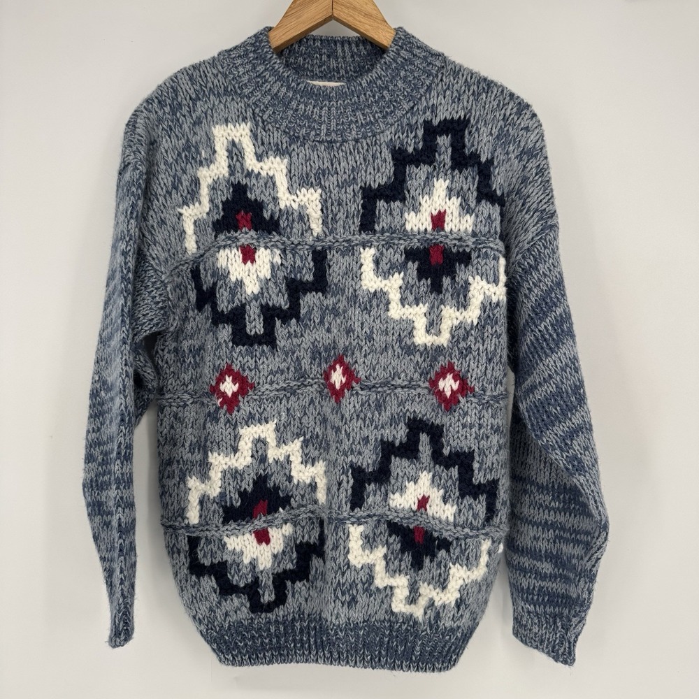 Vintage Chunky Knit Sweater Women's Medium Blue Geometric Aztec Pullover